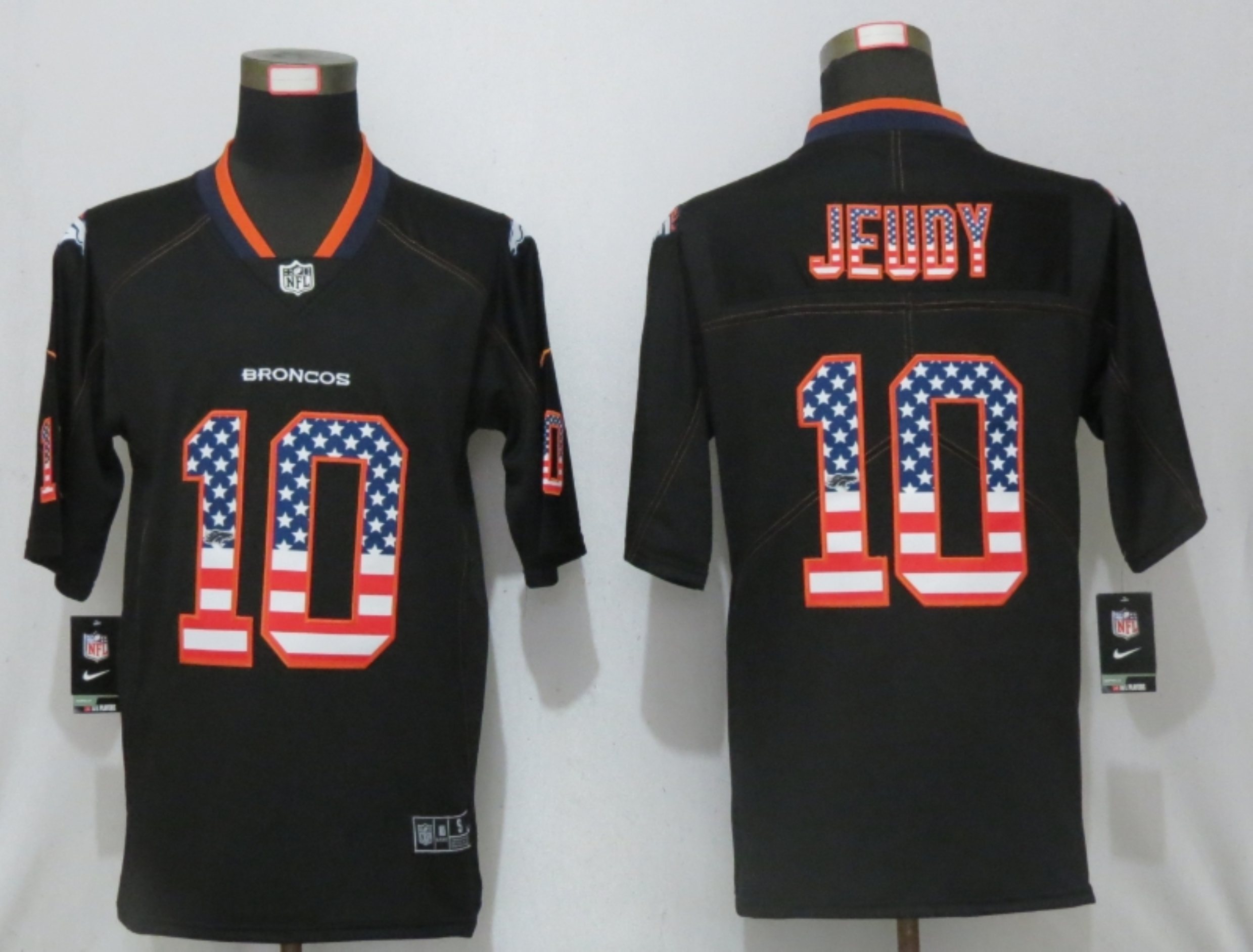 Men NEW Nike Denver Broncos 10 Jeudy USA Flag Fashion Black Elite Jersey
